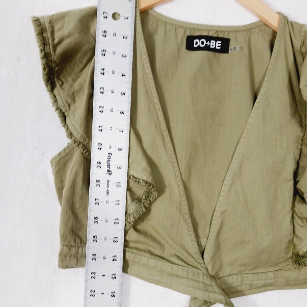 DO + BE, Khaki Green Crop Top Wrap Tie Waist Ruffled Sleeves Cotton, Festival, S - Picture 11 of 13